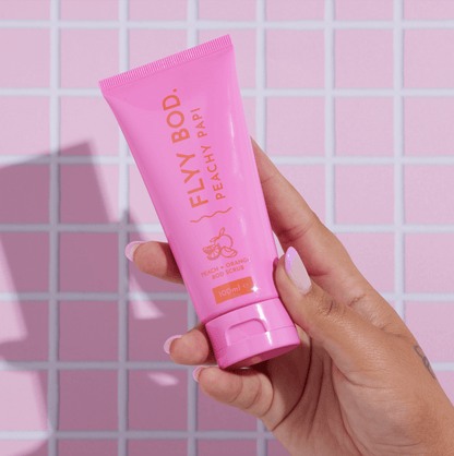 BOD Scrub | Peachy Papi Gentle Exfoliating BOD Scrub | 100 mL The BOD Scrub is giving hot skin vibesssss so you can scrub all your skin worries away bb! Our BOD Scrub is a rich, creamy body cleanser with orange jojoba beads to help gently exfoliate that b